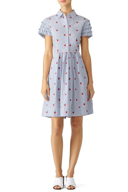 Draper James Dresses & Skirts - Draper James Cherry Orchard Ruffle Shirtdress Blue Collared Short Sleeve Sz 2